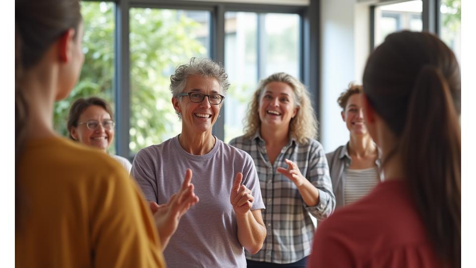 Diverse group of adults participating in a wellness workshop, laughing and engaging in a bright, modern community space in Portland.