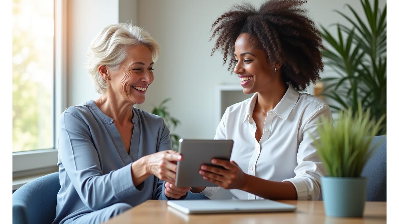 A tranquil individual consulting with a wellness expert in a bright, inviting office setting.