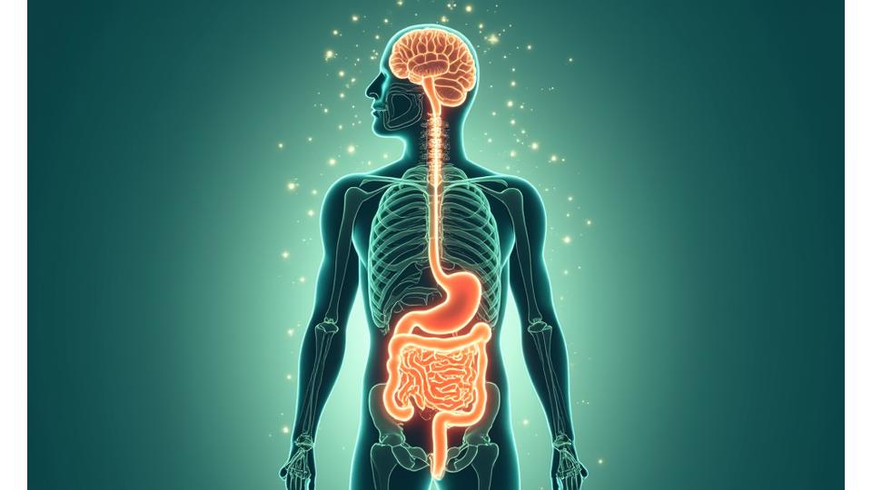 Illustration of the human digestive system highlighting the microbiome, with lines connecting it to overall health aspects like brain, immunity, and skin.