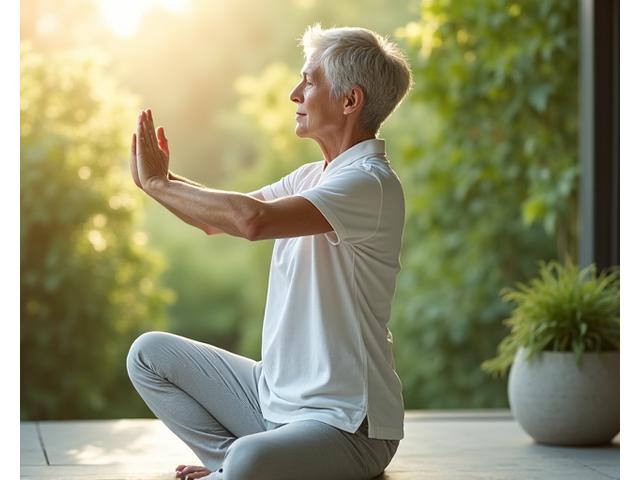 Person performing a gentle stretching exercise, focusing on joint mobility, in a natural light setting.