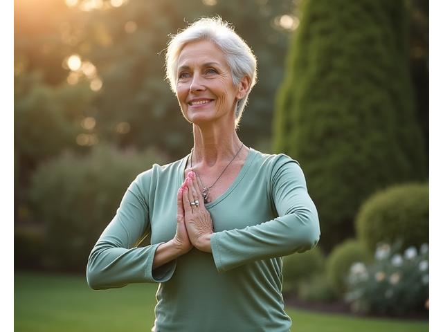 Mature woman practicing yoga outdoors at sunset