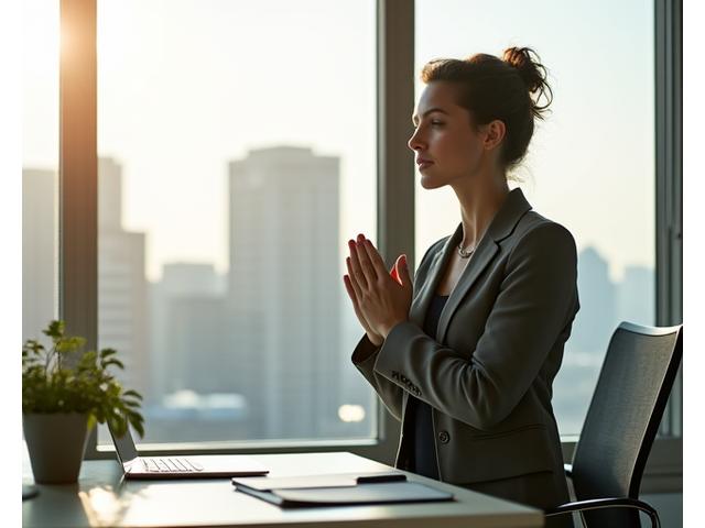 Professional woman performing a desk stretch in a modern office