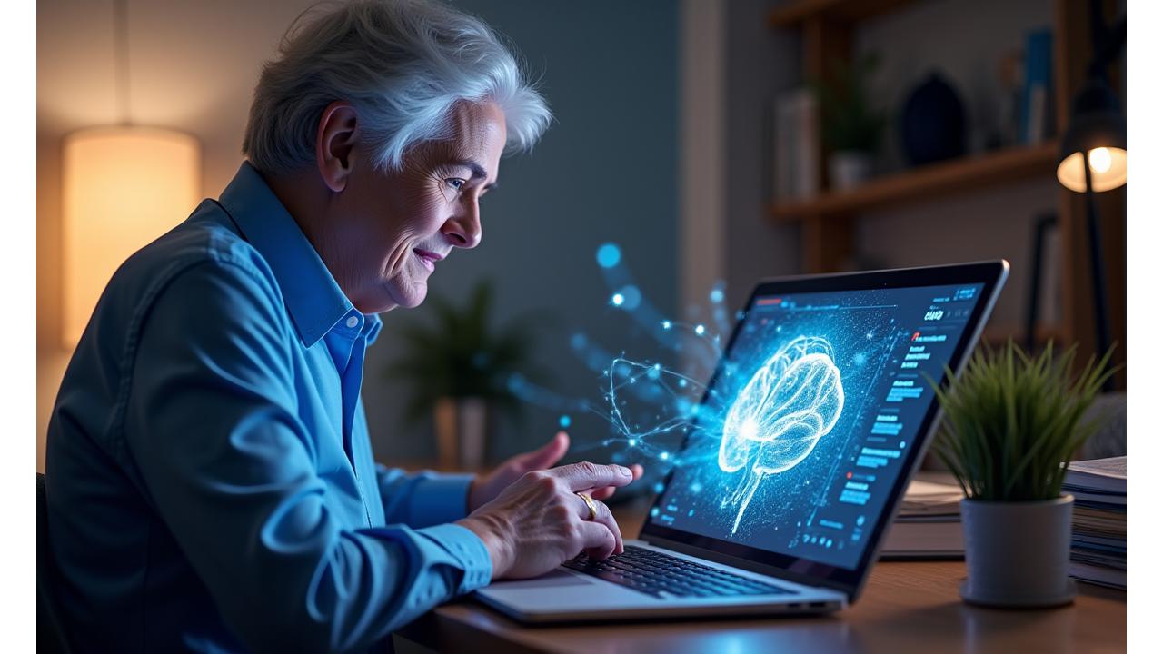 An older adult engaged with an interactive brain training game on a laptop, with a graphic overlay representing neural connections. Bright and stimulating.
