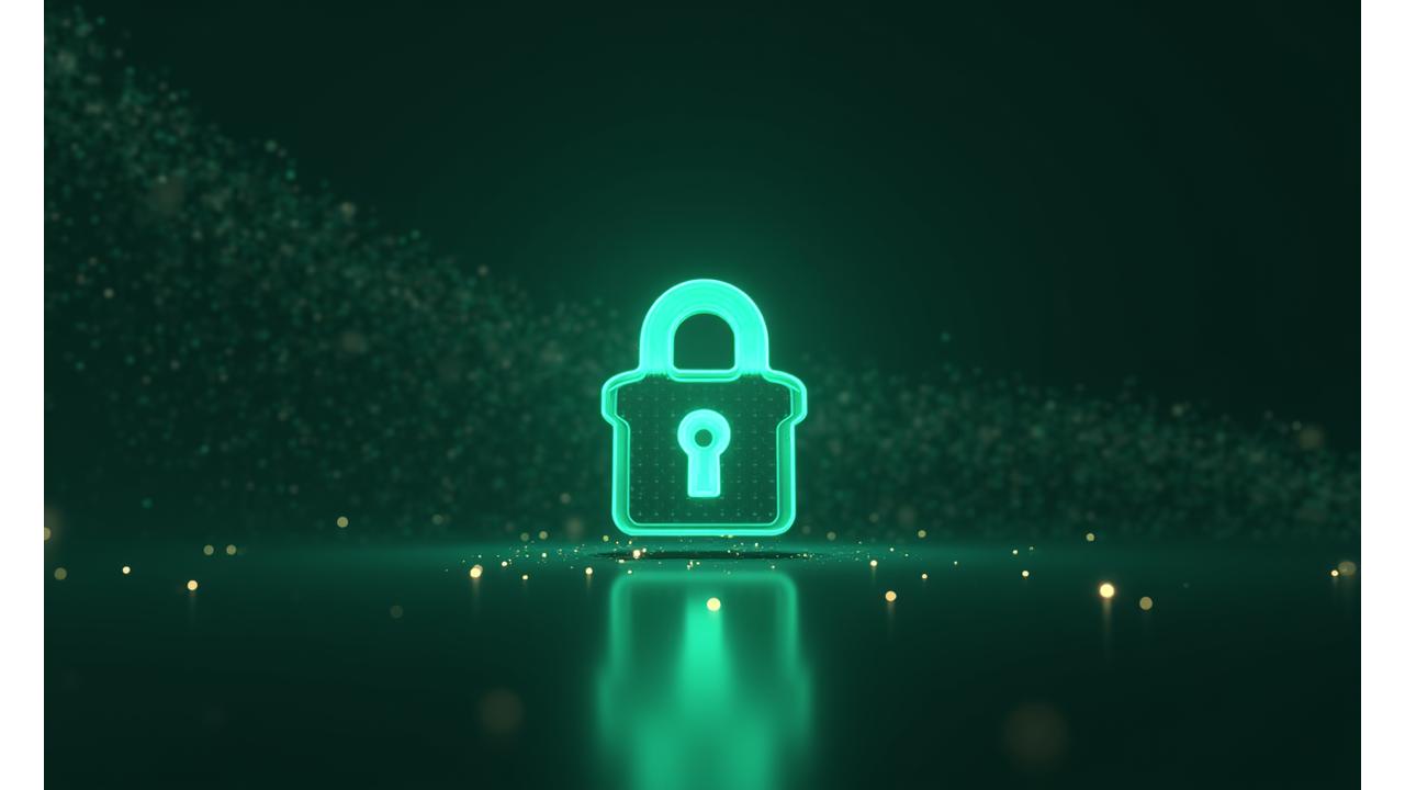 Digital lock icon with a subtle shield overlay, set against a background of abstract, secure data flow lines. Emphasizes protection and trust.