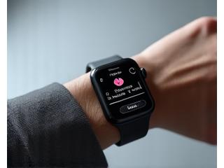 Wrist wearable device showing heart rate, connecting to a mobile app displaying stress levels. Clean, modern interface.