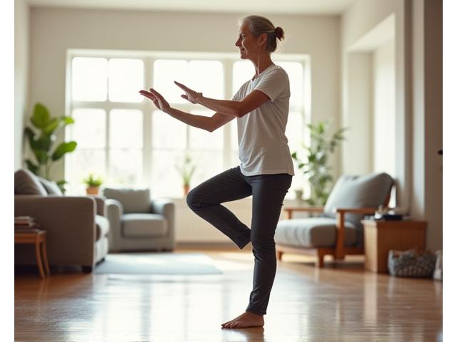 An adult gracefully balancing on one leg during a tai chi session in an indoor community center, illustrating exercises for fall prevention and proprioception.
