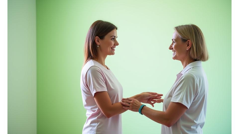 A fitness professional gently guides an adult through a simple movement screen, assessing their posture and range of motion in a well-lit, clean studio, emphasizing personalized attention.