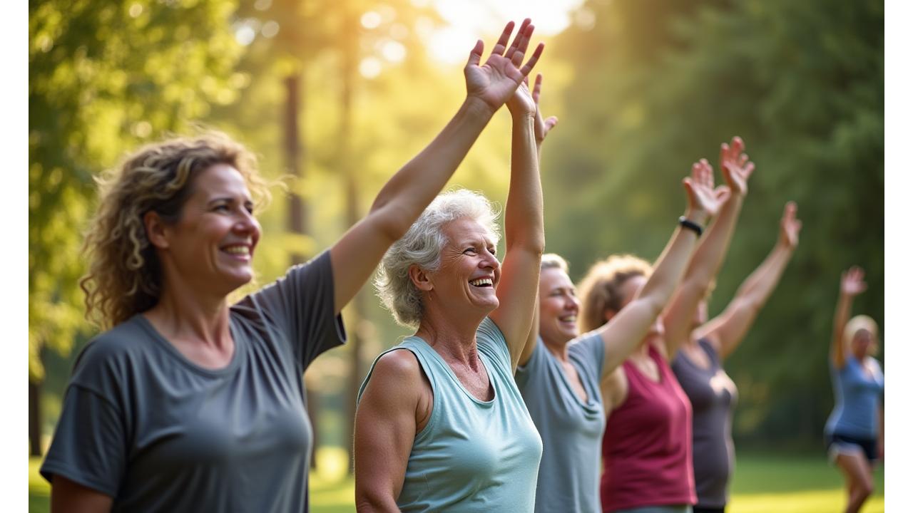 A diverse group of adults in their 40s and 50s smiling and stretching outdoors in a lush Portland park, embodying balanced, joyful movement and a sustainable lifestyle.