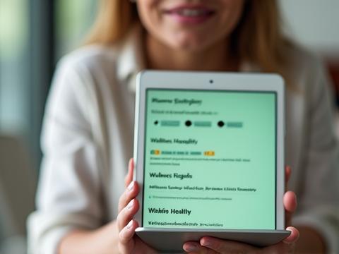 Woman happily rating content on a tablet surrounded by stylized blog articles and positive review stars.