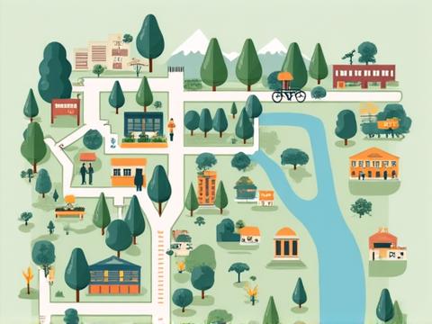 Stylized map of Portland with wellness activity icons like hiking trails, farmers markets, and yoga studios.