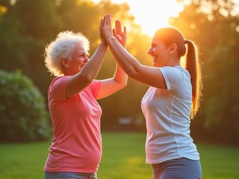 Two friends celebrating a wellness milestone together, with vibrant, positive energy.