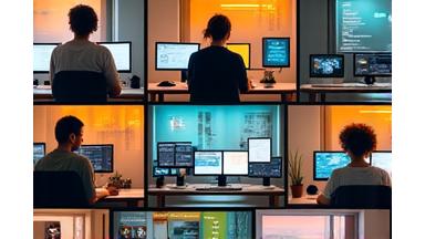 Creative professionals collaborating virtually, with diverse home office setups.