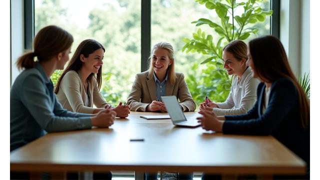 Professionals collaborating in a modern, light-filled office space, looking engaged and healthy.
