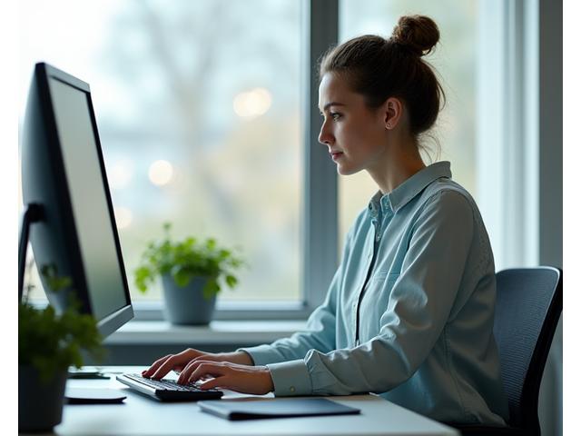 A woman stretching lightly at her office desk, looking refreshed and focused.