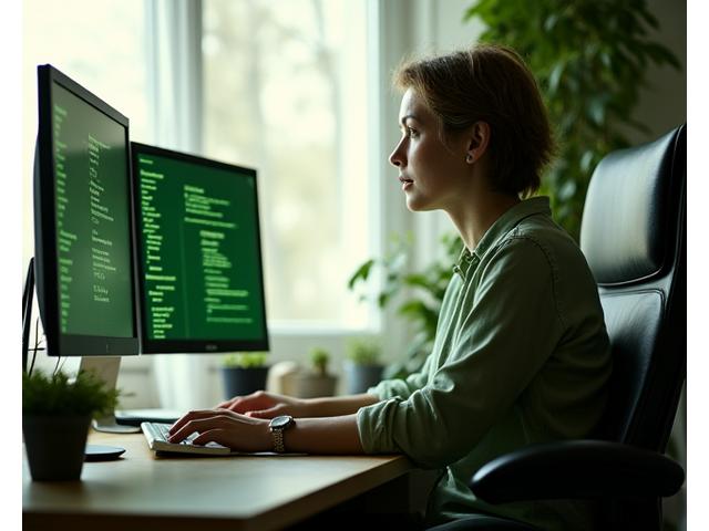 A person working comfortably from a home office with good ergonomics, bathed in natural light.