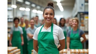 Employees in a vibrant food manufacturing or distribution facility, looking active and healthy.
